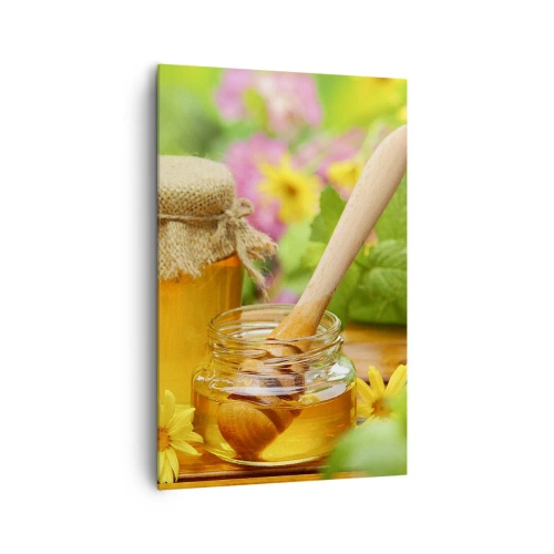 Bild auf Leinwand - Leinwandbild - Honiggläser mit Blumen vor dem Hintergrund eines Sommergartens - 80x120cm - Süß und blumig - Moderne Wanddekoration für Wohnzimmer und Schlafzimmer ARTTOR
