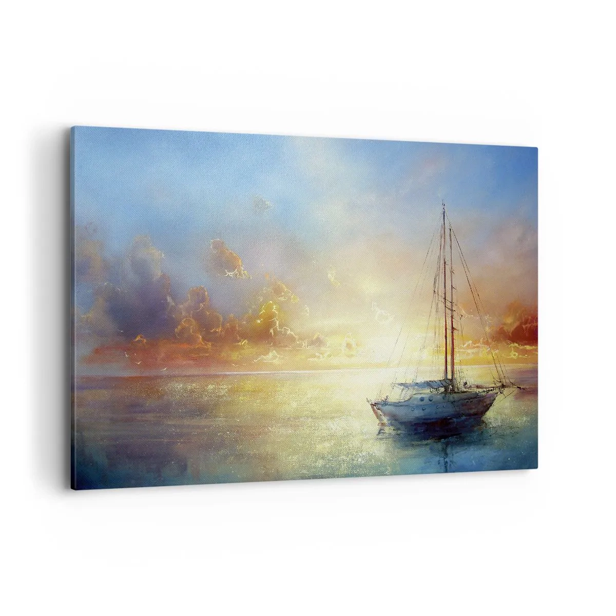 Bild auf Leinwand - Leinwandbild - Eine Yacht auf ruhigem Meer bei Sonnenuntergang - 120x80cm - In einer goldenen Bucht - Moderne Wanddekoration für Wohnzimmer und Schlafzimmer ARTTOR