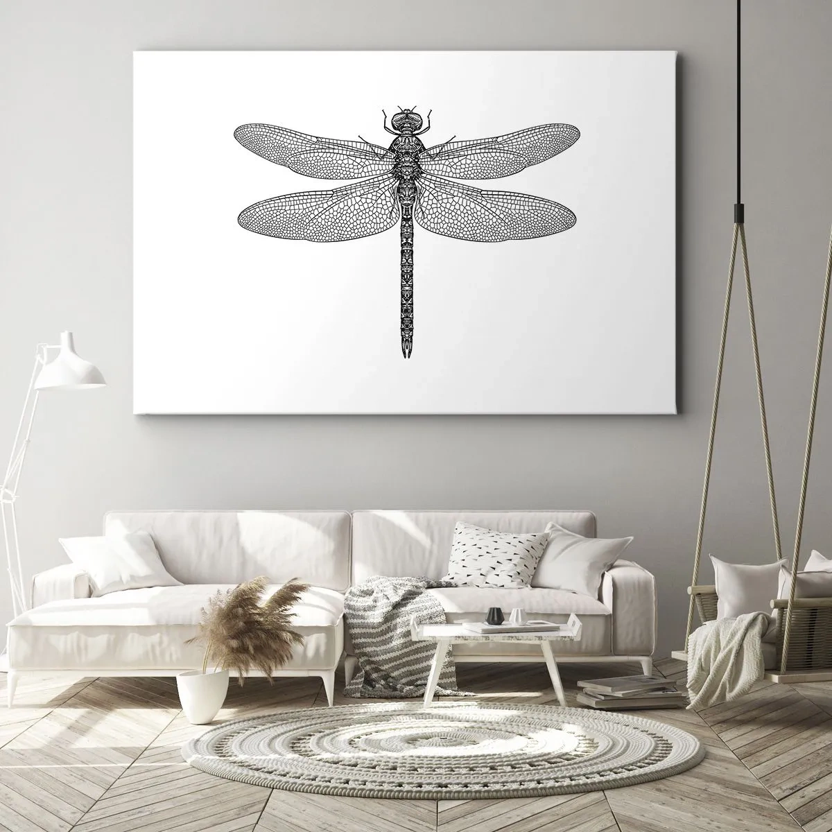 Bild auf Leinwand - Leinwandbild - Schwarz-weiße Zeichnung einer Libelle auf weißem Hintergrund im minimalistischen Stil - 70x50cm - Präzision der Natur - Moderne Wanddekoration für Wohnzimmer und Schlafzimmer ARTTOR