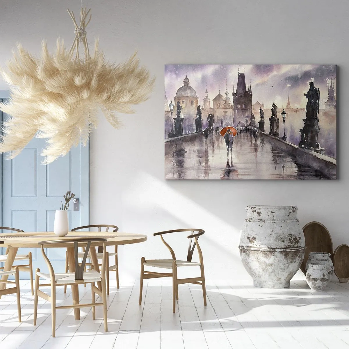Bild auf Leinwand - Leinwandbild - Romantischer Blick auf eine Brücke mit einem Regenschirm vor der Kulisse einer abendlichen Stadt - 70x50cm - Leute verändern sich nicht - Moderne Wanddekoration für Wohnzimmer und Schlafzimmer ARTTOR