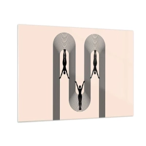 Glasbild - Bild auf glas - Schwarze Silhouetten von Figuren, die in rhythmischen Bögen schweben - 70x50cm - Verkehrt herum - Moderne Wanddekoration für Wohnzimmer und Schlafzimmer ARTTOR
