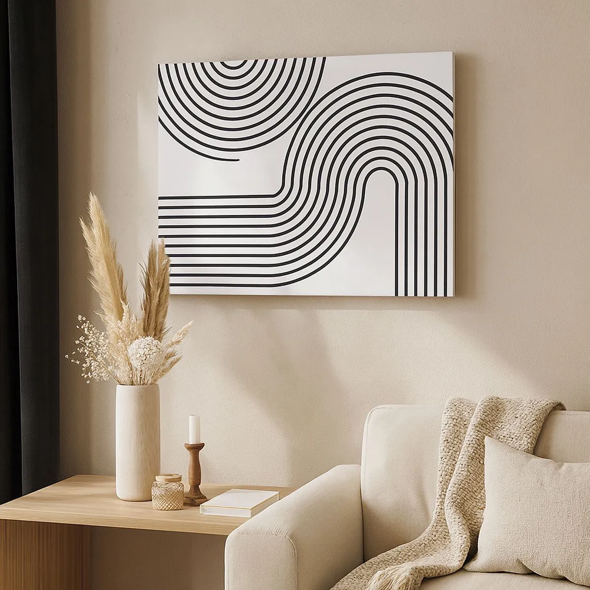 Bild auf Leinwand - Leinwandbild - Ein abstraktes Gemälde mit schwarzen Linien, die geometrische Muster auf weißem Hintergrund erzeugen. - 70x50cm - An der Kurve - Moderne Wanddekoration für Wohnzimmer und Schlafzimmer ARTTOR