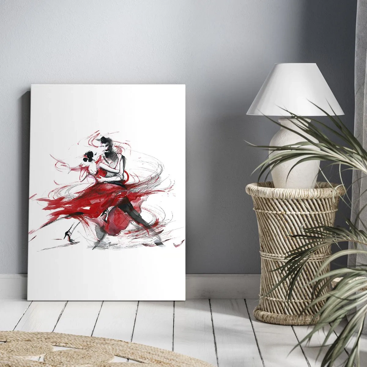 Bild auf Leinwand - Leinwandbild - Tänzer in einem dynamischen Tanz mit roten Akzenten - 70x100cm - Tango – der Rhythmus der Leidenschaft - Moderne Wanddekoration für Wohnzimmer und Schlafzimmer ARTTOR