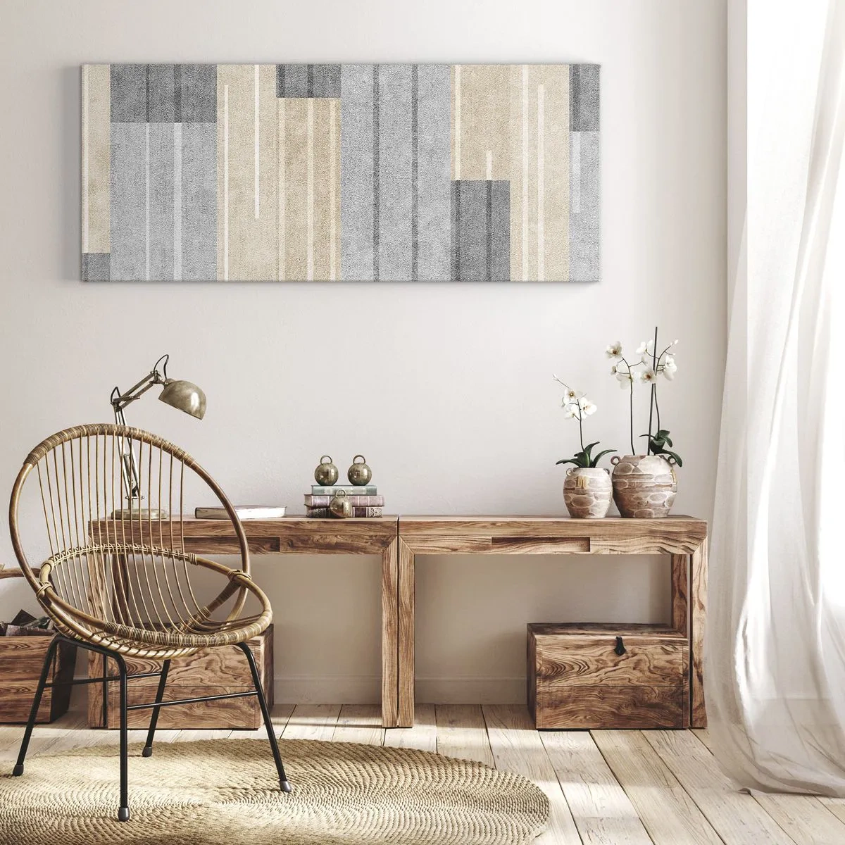 Bild auf Leinwand - Leinwandbild - Geometrische Komposition in Grau- und Beigetönen - 140x50cm - Komposition: Vertikal halten - Moderne Wanddekoration für Wohnzimmer und Schlafzimmer ARTTOR
