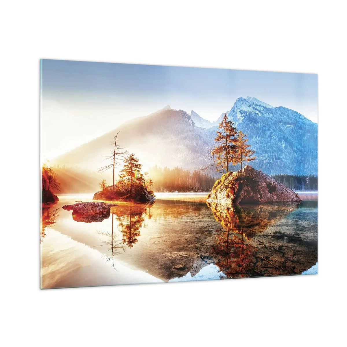 Glasbild - Bild auf glas - Berglandschaft am Morgen mit Bäumen und Spiegelbild im See - 100x70cm - Natur in neuem Licht - Moderne Wanddekoration für Wohnzimmer und Schlafzimmer ARTTOR