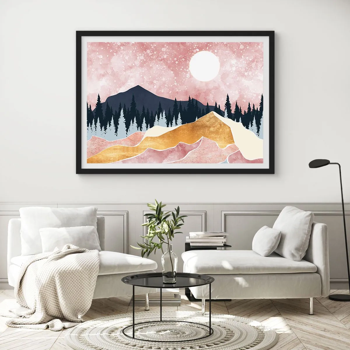 Poster in einem schwarzem Rahmen - Bunte Berge vor einem rosa Himmel mit einem Mond - 100x70cm - Nachtwache - Moderne Wanddekoration für Wohnzimmer und Schlafzimmer ARTTOR