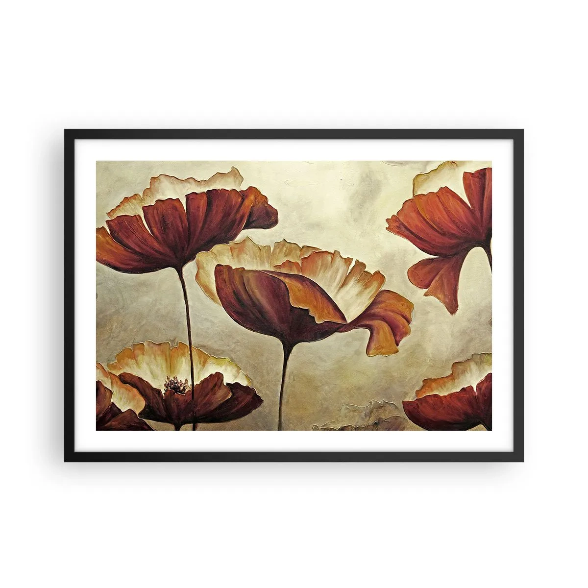Poster in einem schwarzem Rahmen - Dezente Blumen in Rot- und Goldtönen auf hellem Untergrund - 70x50cm - Weideland - Moderne Wanddekoration für Wohnzimmer und Schlafzimmer ARTTOR