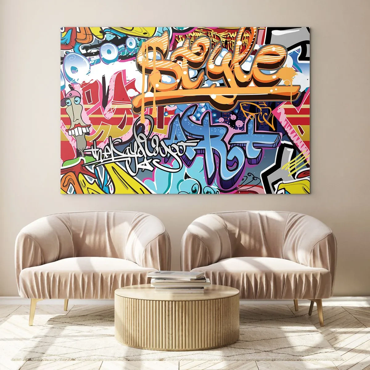 Glasbild - Bild auf glas - Bunte Graffiti mit dynamischen Inschriften und Zeichnungen - 120x80cm - Wandbilder, Wandbilder, Wandbilder ... - Moderne Wanddekoration für Wohnzimmer und Schlafzimmer ARTTOR