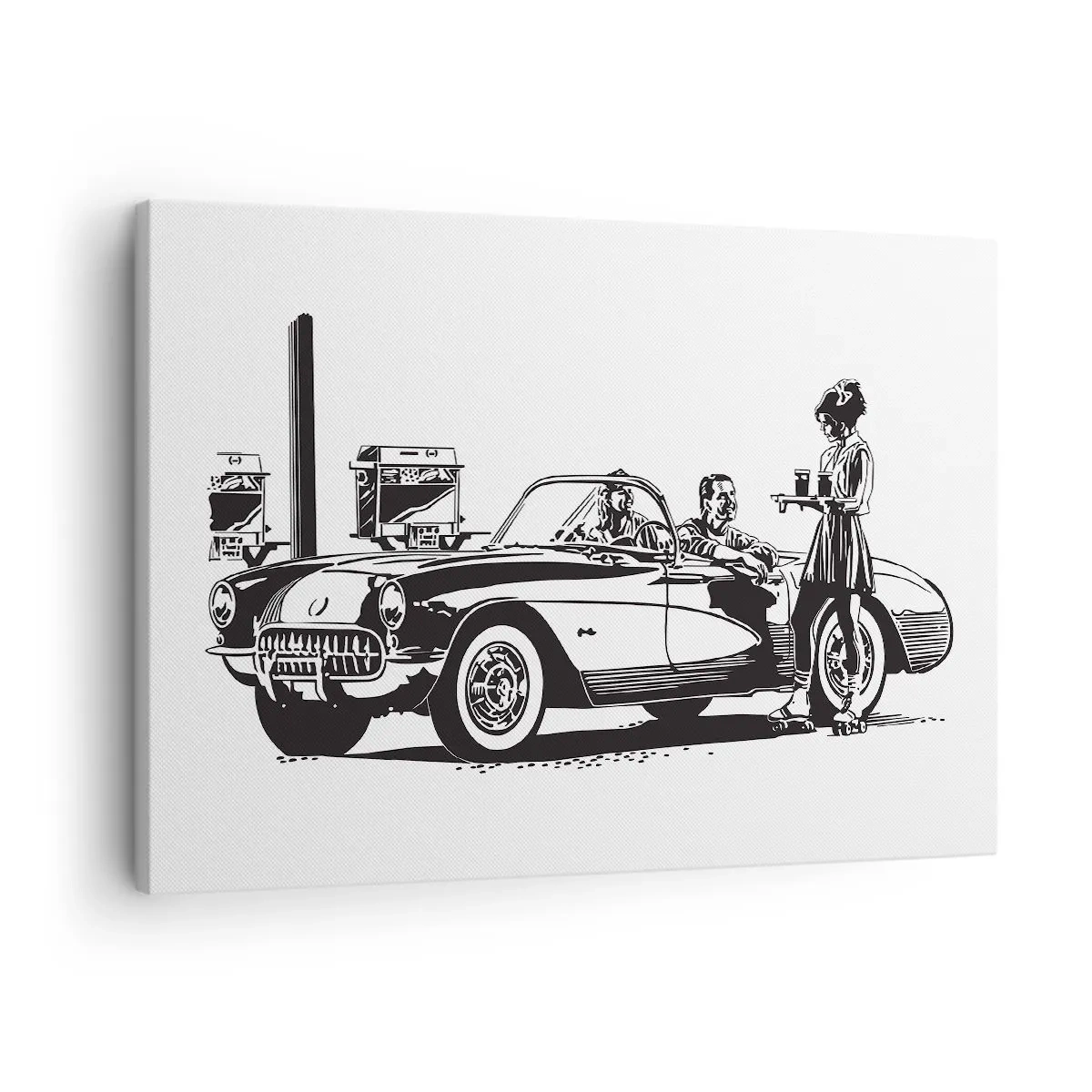 Bild auf Leinwand - Leinwandbild - Eine schwarz-weiße Retro-Szene mit einem Auto und einer Kellnerin auf Rollschuhen. - 70x50cm - 60. - unbeschwertes Amerika - Moderne Wanddekoration für Wohnzimmer und Schlafzimmer ARTTOR