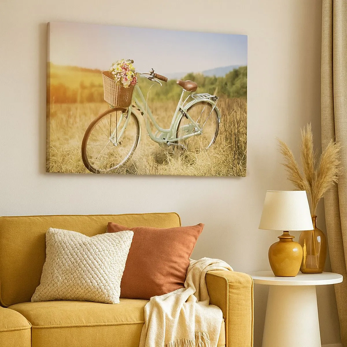 Bild auf Leinwand - Leinwandbild - Ein Retro-Fahrrad mit einem Korb voller Blumen vor einem Wiesenhintergrund. - 70x50cm - Ich bleibe eine Weile hier - Moderne Wanddekoration für Wohnzimmer und Schlafzimmer ARTTOR