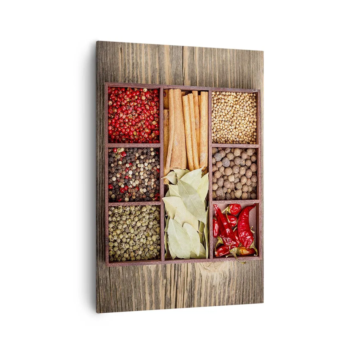 Bild auf Leinwand - Leinwandbild - Holzkiste mit verschiedenen Gewürzen in Fächern - 70x100cm - Ordnung der Formen, Bouquet von Aromen - Moderne Wanddekoration für Wohnzimmer und Schlafzimmer ARTTOR