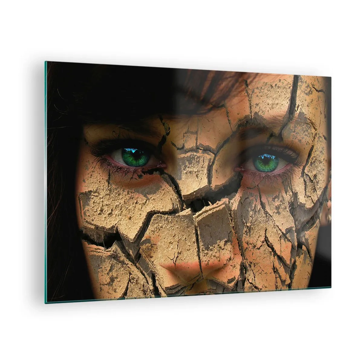 Glasbild - Bild auf glas - Ein Frauengesicht mit einem rissigen Erdeffekt - 70x50cm - Freude und Grauen zugleich - Moderne Wanddekoration für Wohnzimmer und Schlafzimmer ARTTOR