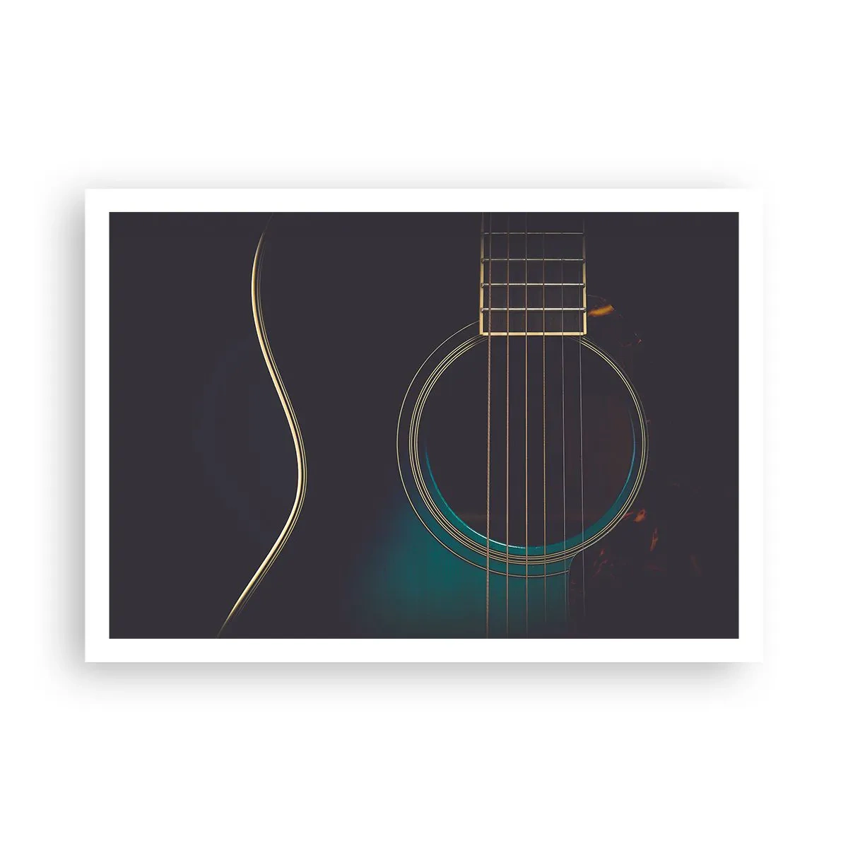 Poster - Akustikgitarre in dunklem, elegantem Licht - 100x70cm - Einen Moment bevor es ertönt - Moderne Wanddekoration für Wohnzimmer und Schlafzimmer ARTTOR
