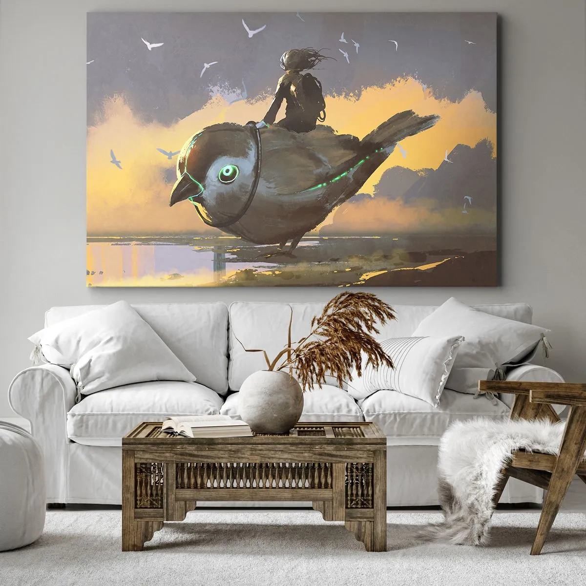 Bild auf Leinwand - Leinwandbild - Reiter auf einem riesigen Vogel in einer surrealen Landschaft - 120x80cm - Ein Stopp auf einer fantastischen Reise - Moderne Wanddekoration für Wohnzimmer und Schlafzimmer ARTTOR
