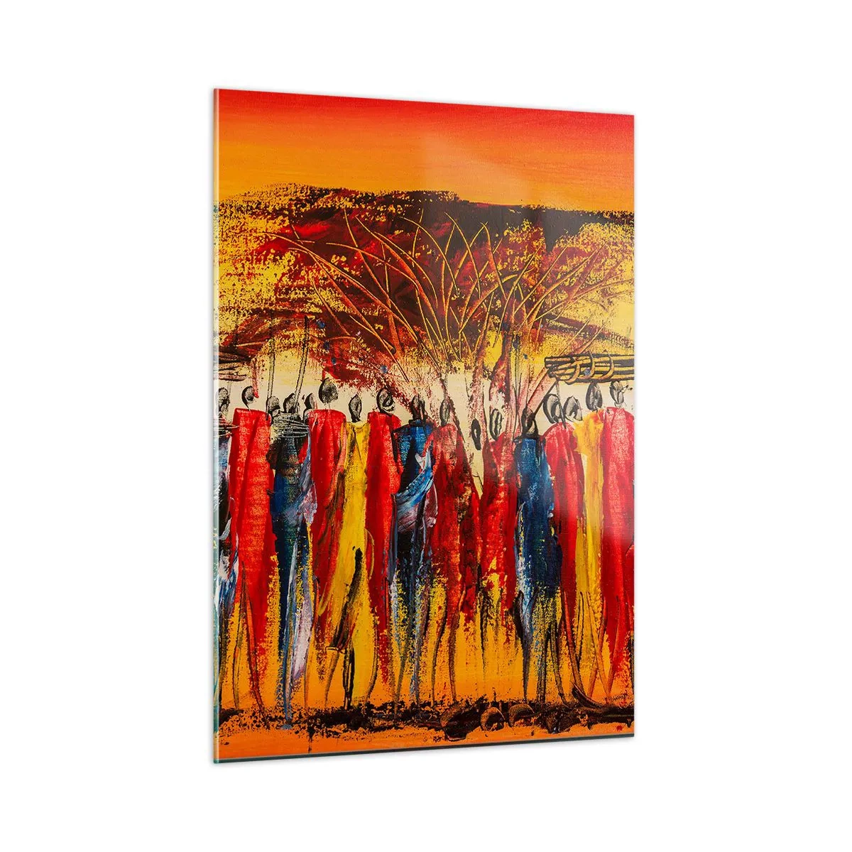 Glasbild - Bild auf glas - Eine farbenfrohe Szene mit Menschen in traditionellen afrikanischen Kostümen - 50x70cm - Dort, dort, dort gehen sie - Moderne Wanddekoration für Wohnzimmer und Schlafzimmer ARTTOR
