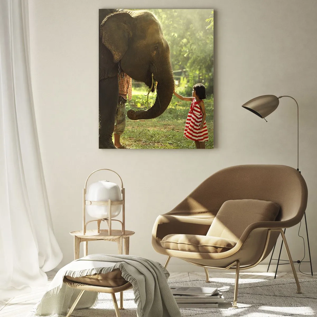 Glasbild - Bild auf glas - Ein Mädchen in einem roten Kleid berührt einen Elefanten im Wald. - 70x100cm - Die Stärke der Freundschaft - Moderne Wanddekoration für Wohnzimmer und Schlafzimmer ARTTOR