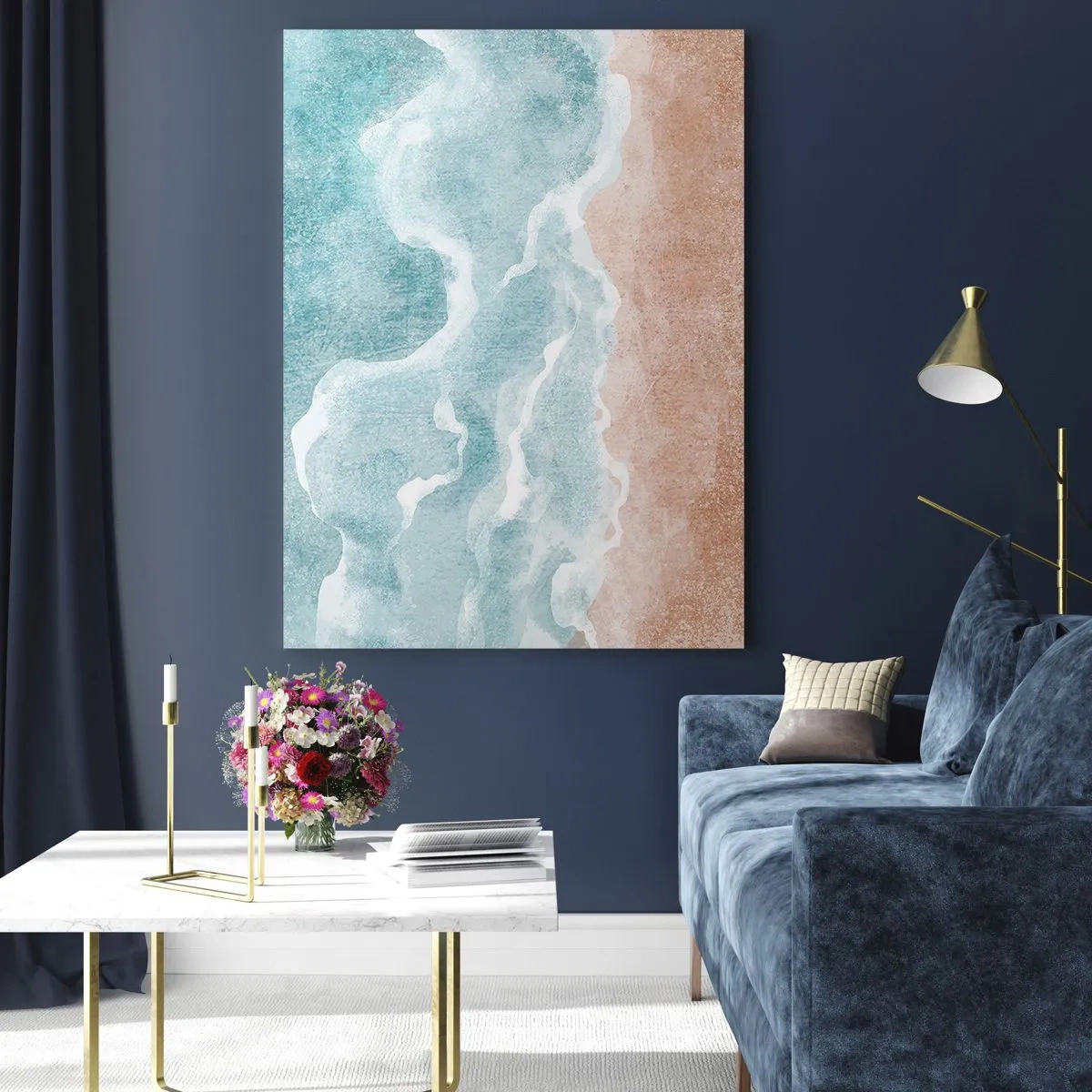 Glasbild - Bild auf glas - Abstrakter Strand mit Wellen in Blau- und Beigetönen - 80x120cm - Cloud-Abstraktion - Moderne Wanddekoration für Wohnzimmer und Schlafzimmer ARTTOR