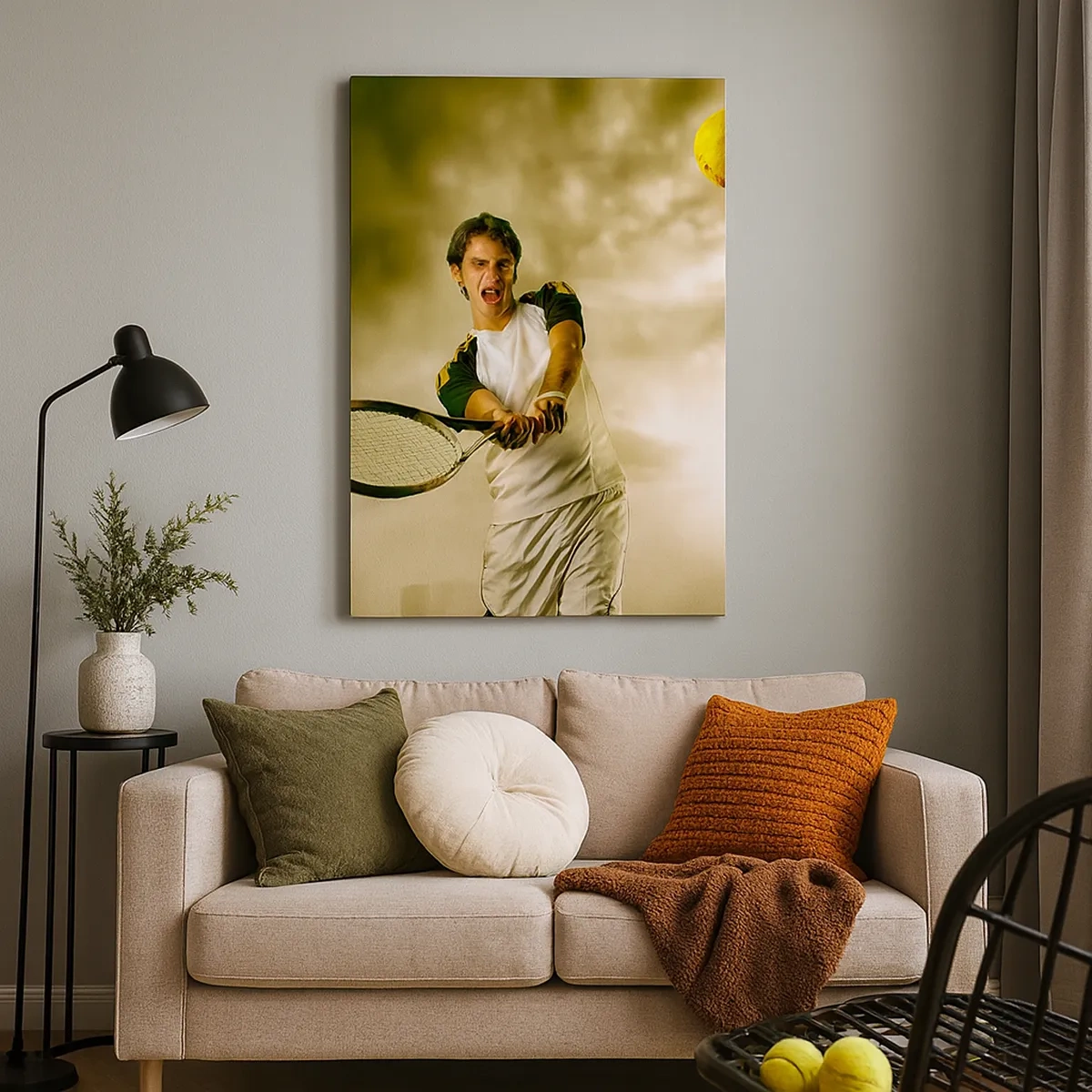 Bild auf Leinwand - Leinwandbild - Tennisspieler in Aktion während eines Spiels vor dem Hintergrund einer urbanen Landschaft - 50x70cm - Energie und Freude - Moderne Wanddekoration für Wohnzimmer und Schlafzimmer ARTTOR