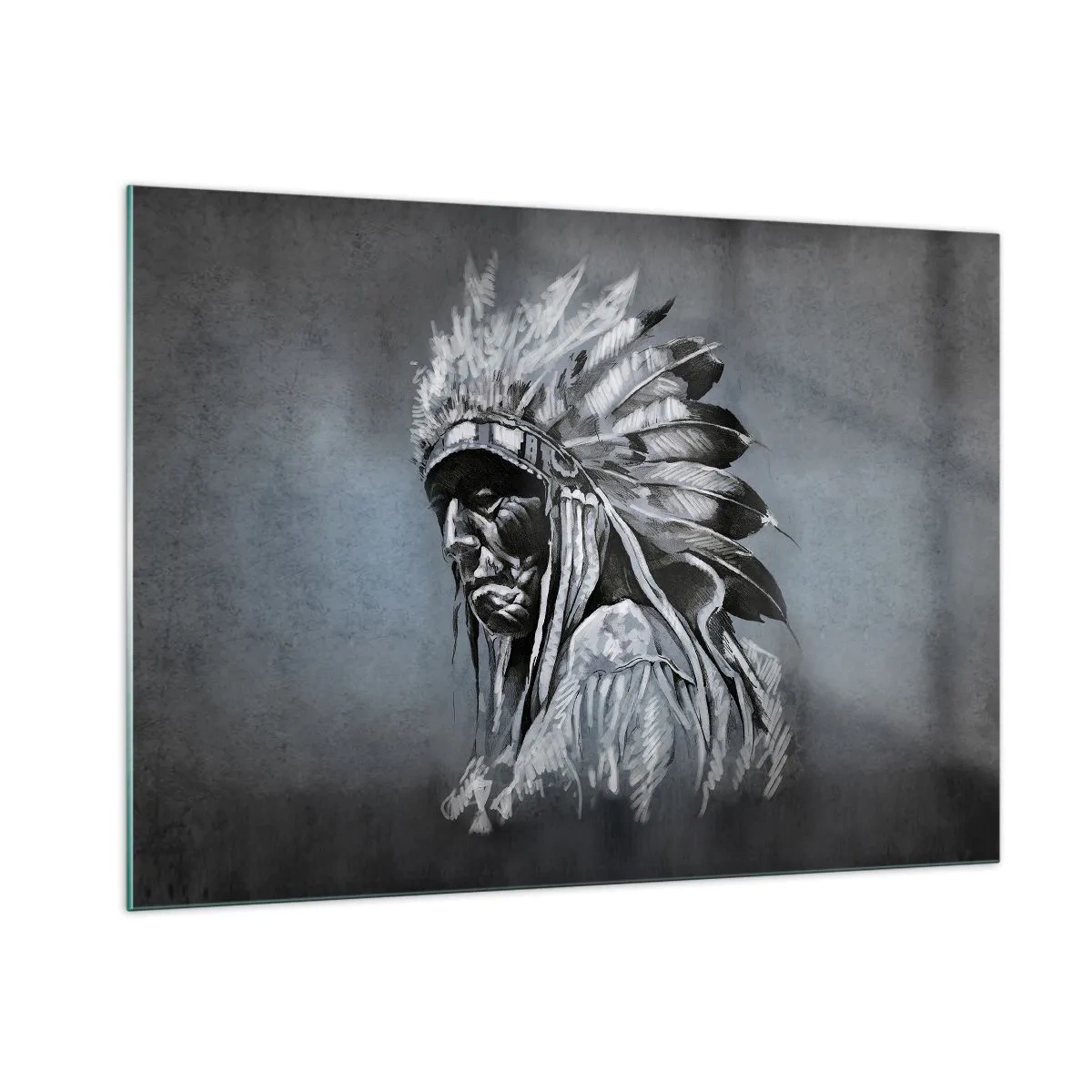 Glasbild - Bild auf glas - Porträt eines Mannes mit Federkopfschmuck vor dunkelgrauem Hintergrund - 100x70cm - Zurück zu den Wurzeln - Moderne Wanddekoration für Wohnzimmer und Schlafzimmer ARTTOR