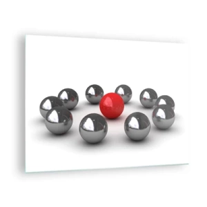 Glasbild - Bild auf glas - Eine rote Kugel, umgeben von Silber auf weißem Hintergrund - 70x50cm - Ein Kreis in Silber und Rot - Moderne Wanddekoration für Wohnzimmer und Schlafzimmer ARTTOR