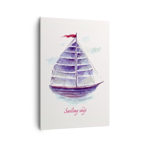 Bild auf Leinwand - Leinwandbild - Ein Aquarell eines Segelboots auf dem Wasser mit einer zarten Inschrift - 70x100cm - Volle Segel und ruhiges Wasser - Moderne Wanddekoration für Wohnzimmer und Schlafzimmer ARTTOR