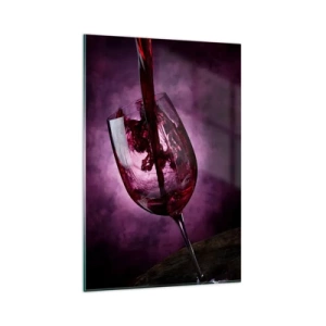 Glasbild - Bild auf glas - Rotwein wird vor violettem Rauch in ein Glas gegossen - 80x120cm - Scharlachrot? Karminrot? Nein, Rubin. - Moderne Wanddekoration für Wohnzimmer und Schlafzimmer ARTTOR