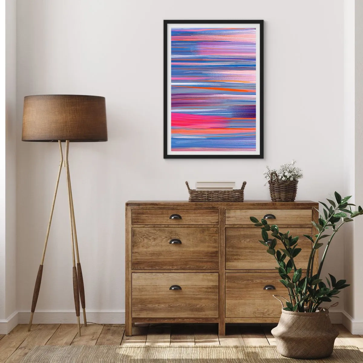 Poster in einem schwarzem Rahmen - Abstrakte horizontale Linien in Blau- und Rosatönen - 50x70cm - Aufstieg zum Regenbogen - Moderne Wanddekoration für Wohnzimmer und Schlafzimmer ARTTOR