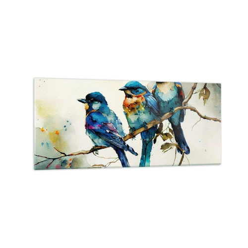 Glasbild - Bild auf glas - Drei bunte Vögel auf einem Ast im Aquarellstil - 120x50cm - War er beleidigt? - Moderne Wanddekoration für Wohnzimmer und Schlafzimmer ARTTOR