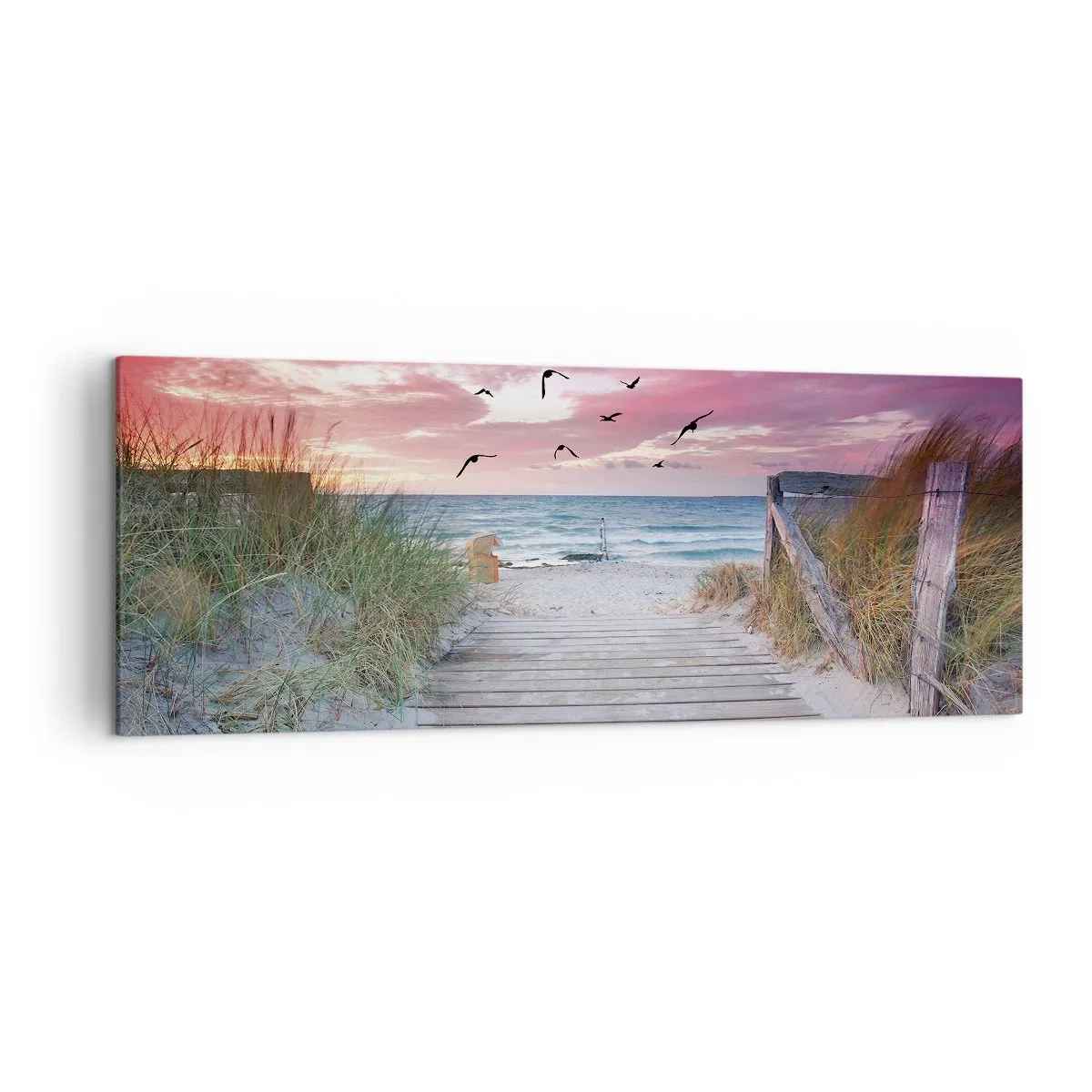 Bild auf Leinwand - Leinwandbild - Holzweg am Strand bei rosa Sonnenuntergang - 140x50cm - Baltischer Eindruck - Moderne Wanddekoration für Wohnzimmer und Schlafzimmer ARTTOR