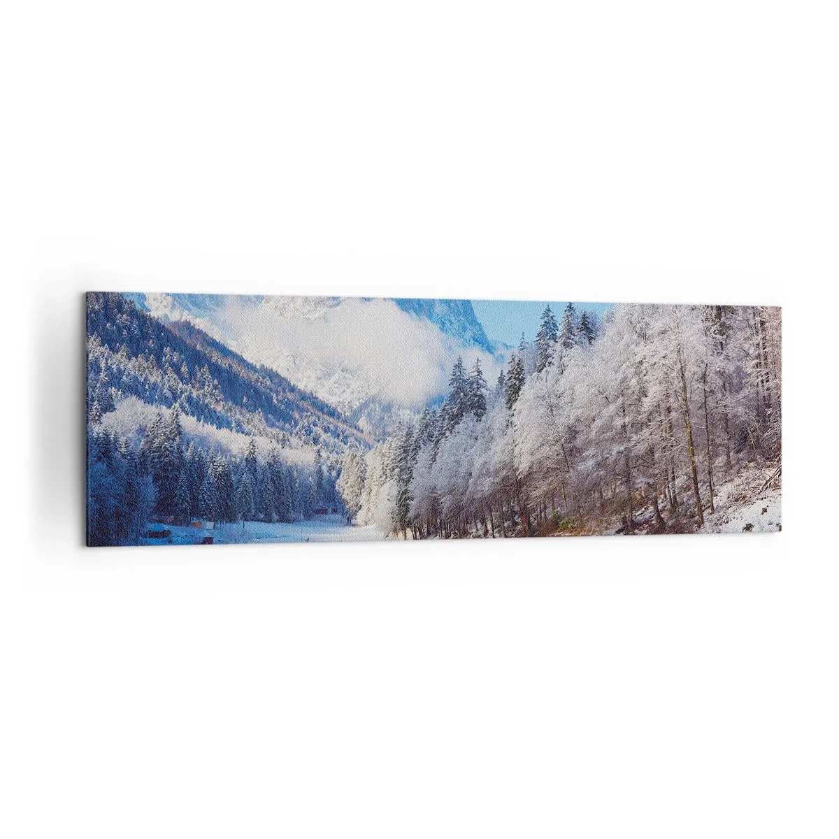 Bild auf Leinwand - Leinwandbild - Winterliche Berglandschaft mit schneebedeckten Bäumen und einem See - 160x50cm - Schneefang - Moderne Wanddekoration für Wohnzimmer und Schlafzimmer ARTTOR