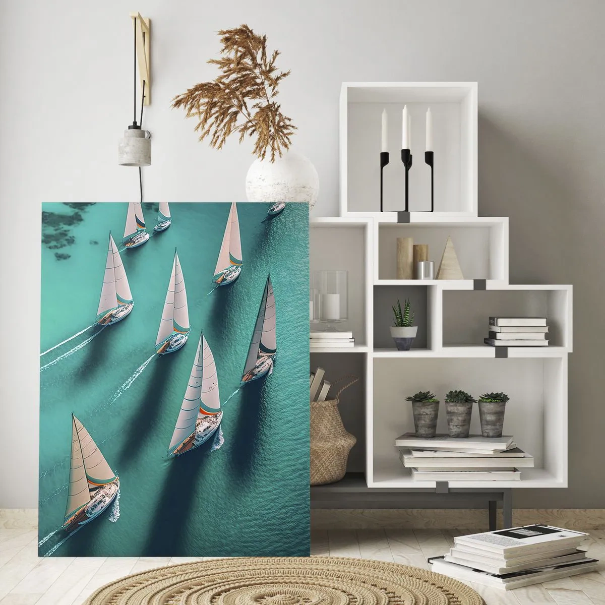 Glasbild - Bild auf glas - Segelboote auf türkisfarbenem Wasser aus der Vogelperspektive aufgenommen - 50x70cm - Im Wettbewerb mit dem Wind - Moderne Wanddekoration für Wohnzimmer und Schlafzimmer ARTTOR