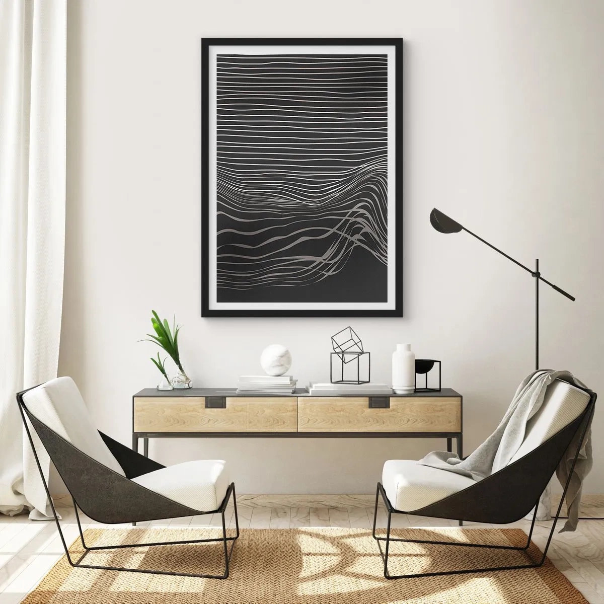 Poster in einem schwarzem Rahmen - Abstrakte Komposition mit Linien auf schwarzem Hintergrund - 50x70cm - Rhythmus und Akzent - Moderne Wanddekoration für Wohnzimmer und Schlafzimmer ARTTOR