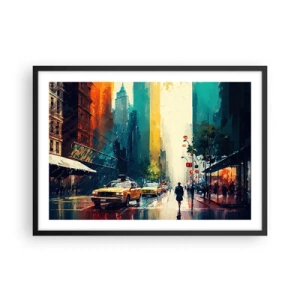 Poster in einem schwarzem Rahmen - Eine geschäftige Stadt mit Taxis und Passanten - 70x50cm - New York – selbst der Regen ist hier bunt - Moderne Wanddekoration für Wohnzimmer und Schlafzimmer ARTTOR