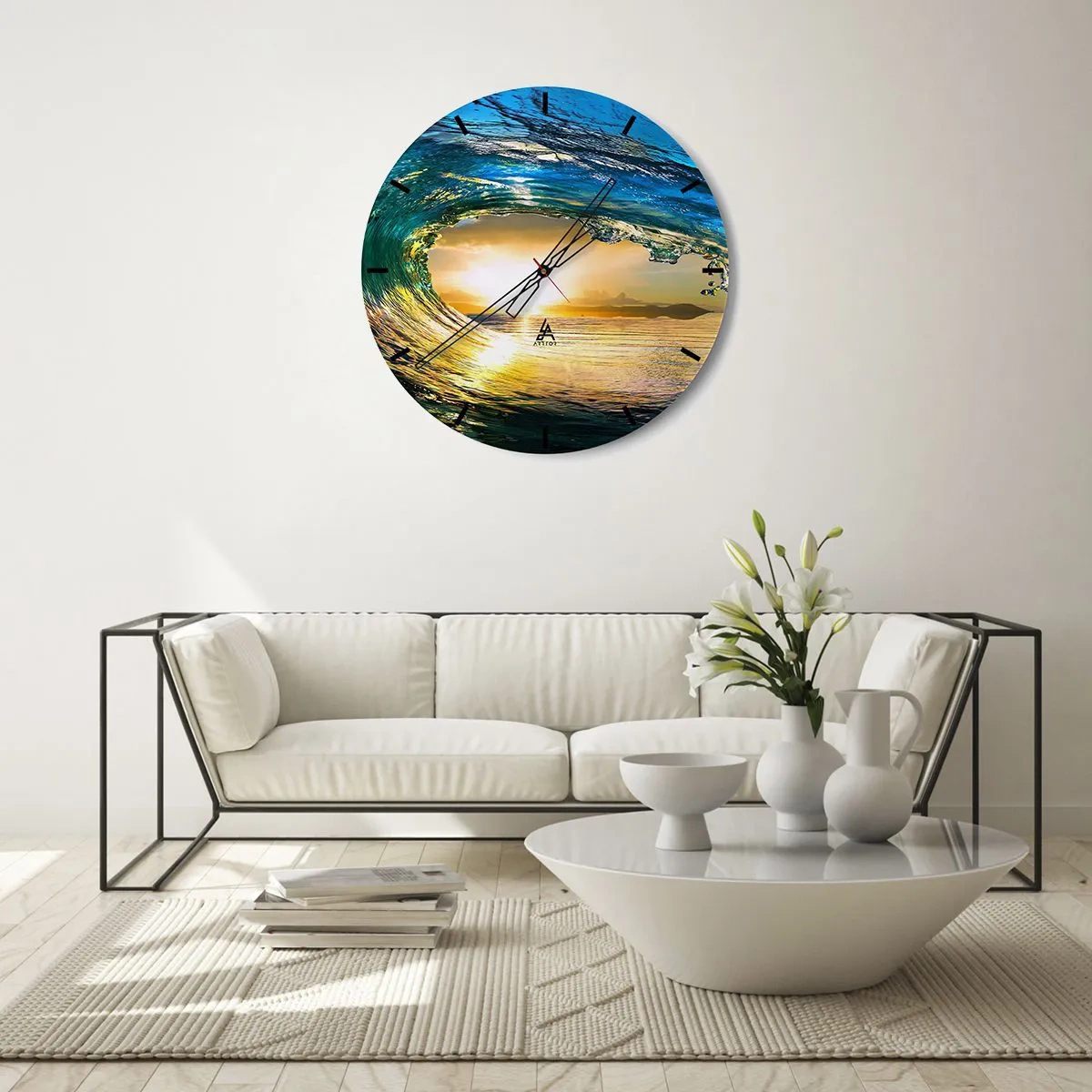 Wanduhr - Glasuhr - In einem smaragd-goldenen Kristall - 30x30 cm