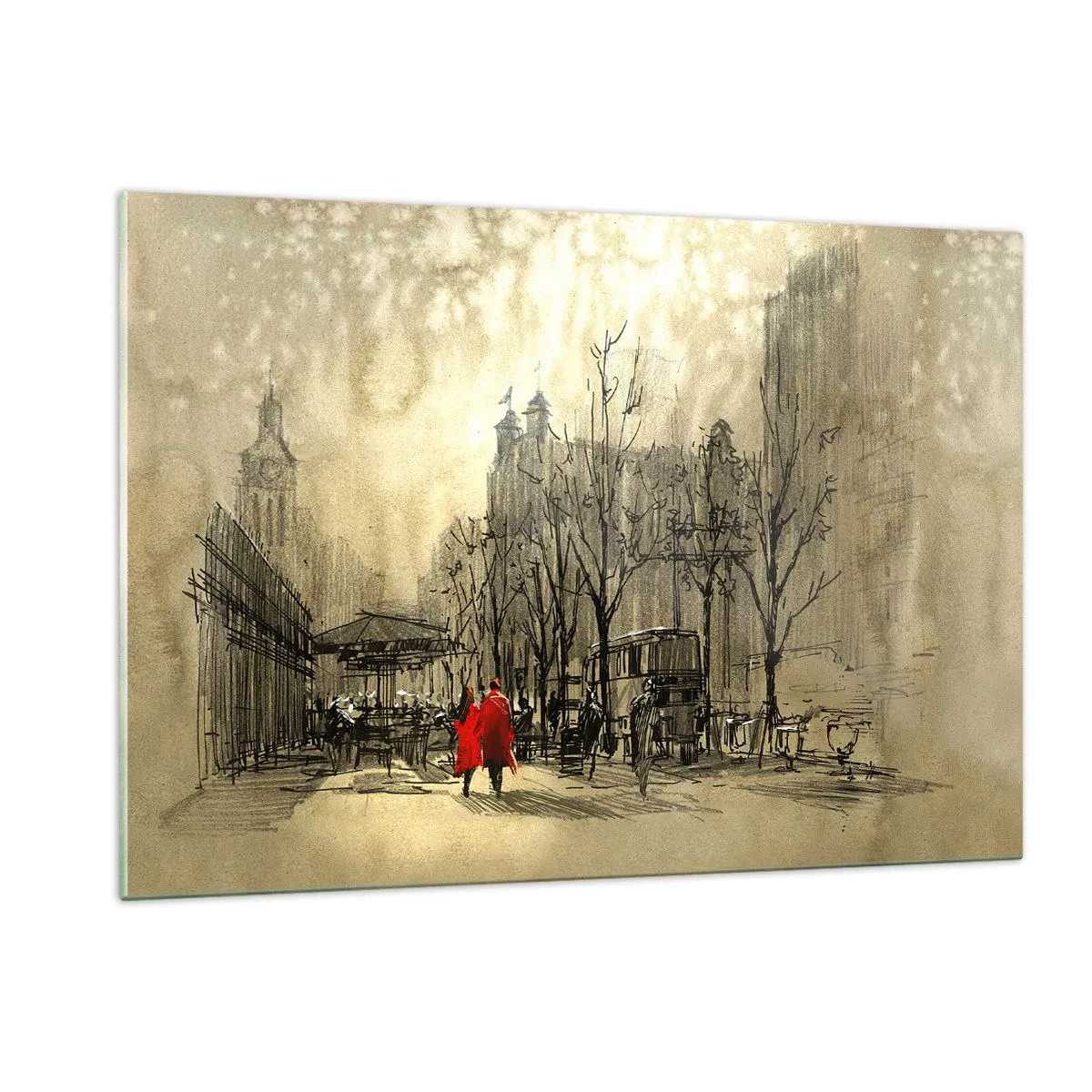 Glasbild - Bild auf glas - Ein Date im Londoner Nebel mit einem roten Mantel-Akzent - 120x80cm - Ein Date im Londoner Nebel - Moderne Wanddekoration für Wohnzimmer und Schlafzimmer ARTTOR