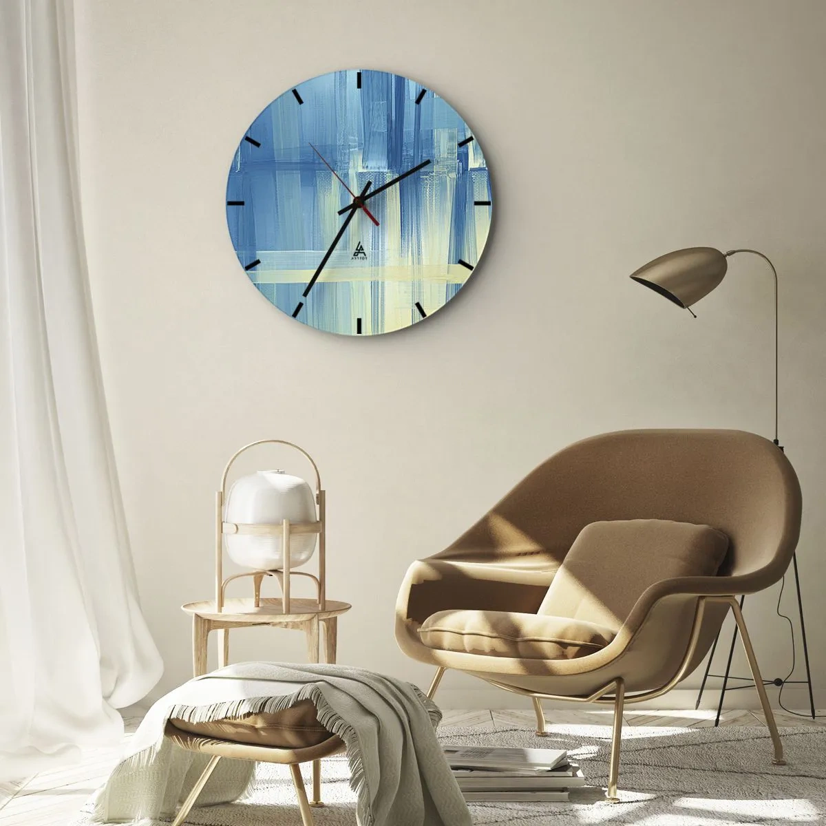 Wanduhr - Glasuhr - Blaue und beige Abstraktion in Pinselstrichtechnik - 30x30cm - Komposition in Türkis - Moderne Wanddekoration für Wohnzimmer, Küche und Schlafzimmer ARTTOR