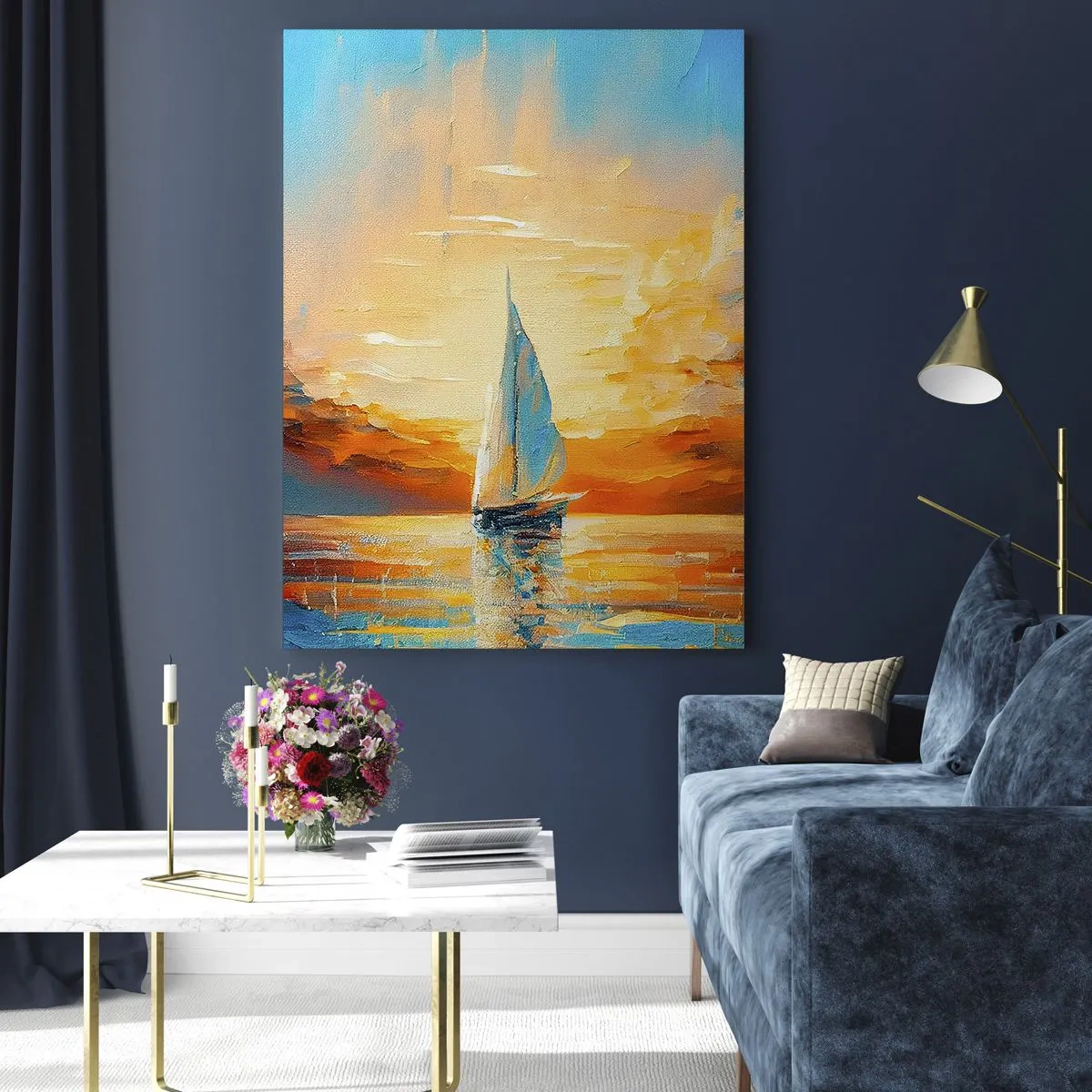 Glasbild - Bild auf glas - Ein Segelboot auf See im Licht der untergehenden Sonne - 50x70cm - In Gold segeln - Moderne Wanddekoration für Wohnzimmer und Schlafzimmer ARTTOR