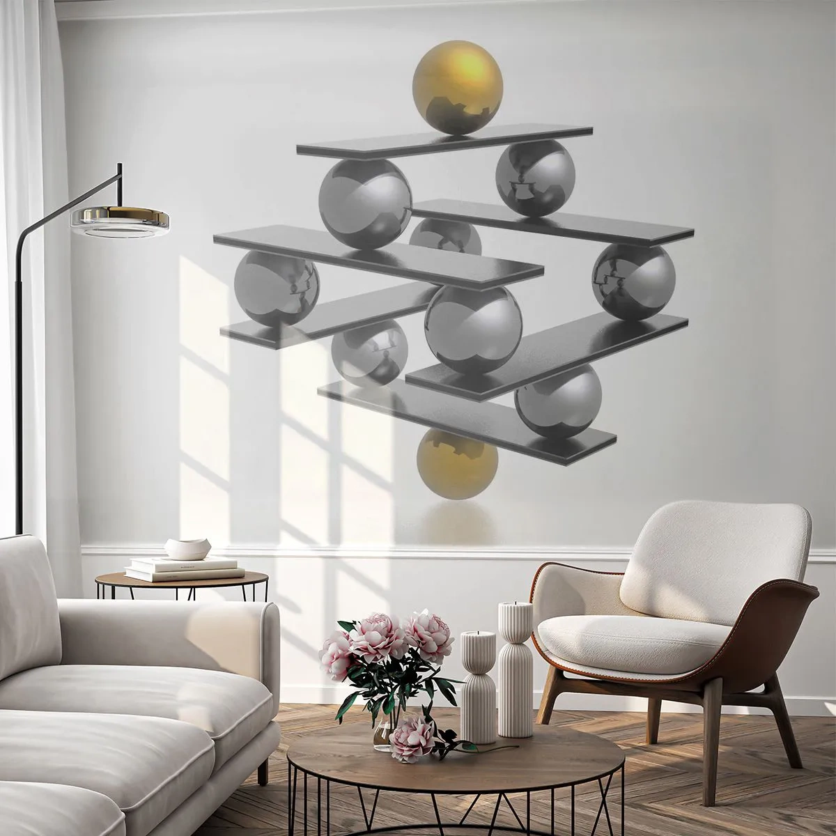 Fototapete Standard Eco - Abstrakte Komposition aus Metallkugeln und Plattformen - 100x70cm - Gold- und Silberbalance - Moderne Wanddekoration für Wohnzimmer und Schlafzimmer ARTTOR