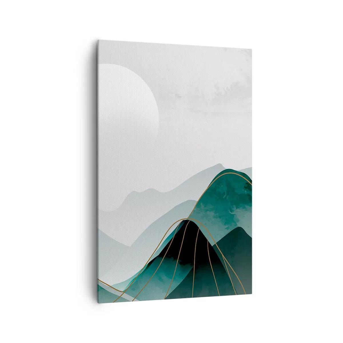 Bild auf Leinwand - Leinwandbild - Abstrakte Berglandschaft mit Mond und goldenen Linien - 80x120cm - In voller Majestät - Moderne Wanddekoration für Wohnzimmer und Schlafzimmer ARTTOR