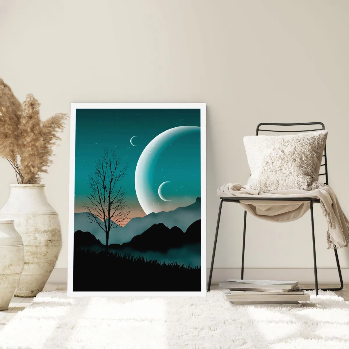 Poster - Künstlerische Landschaft mit dem Mond vor der Kulisse von Bergen und Bäumen - 50x70cm - Karneval in der Sternenacht - Moderne Wanddekoration für Wohnzimmer und Schlafzimmer ARTTOR