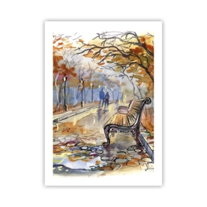 Poster - Bank in einem Herbstpark, Aquarell - 50x70cm - Gemeinsam im Herbst wandern - Moderne Wanddekoration für Wohnzimmer und Schlafzimmer ARTTOR