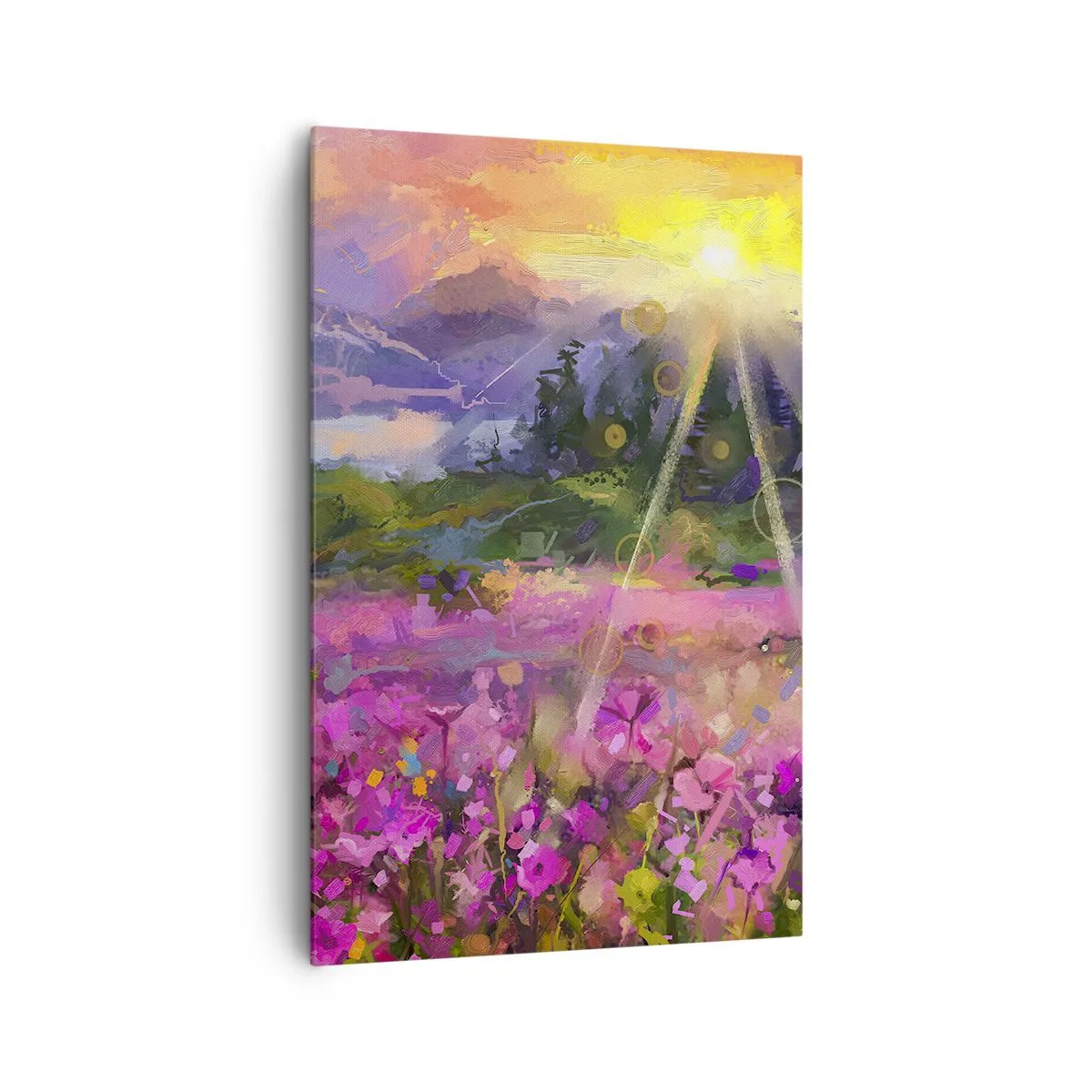 Bild auf Leinwand - Leinwandbild - Eine malerische Wiese in den Strahlen der untergehenden Sonne - 80x120cm - Im Tal unter dem Schutz der Sonne - Moderne Wanddekoration für Wohnzimmer und Schlafzimmer ARTTOR