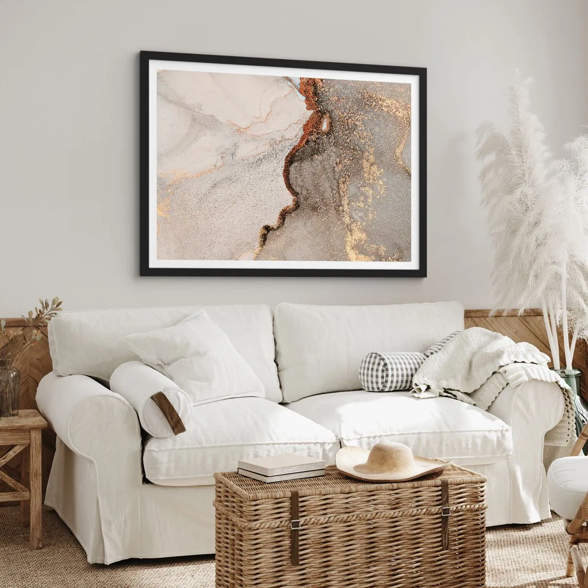 Poster in einem schwarzem Rahmen - Abstraktes Motiv mit Gold- und Grautönen - 70x50cm - An der Grenze der Farben - Moderne Wanddekoration für Wohnzimmer und Schlafzimmer ARTTOR