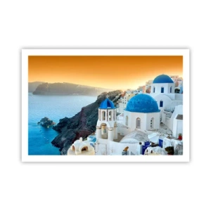 Poster - Santorini - an die Felsen gekuschelt - 91x61 cm