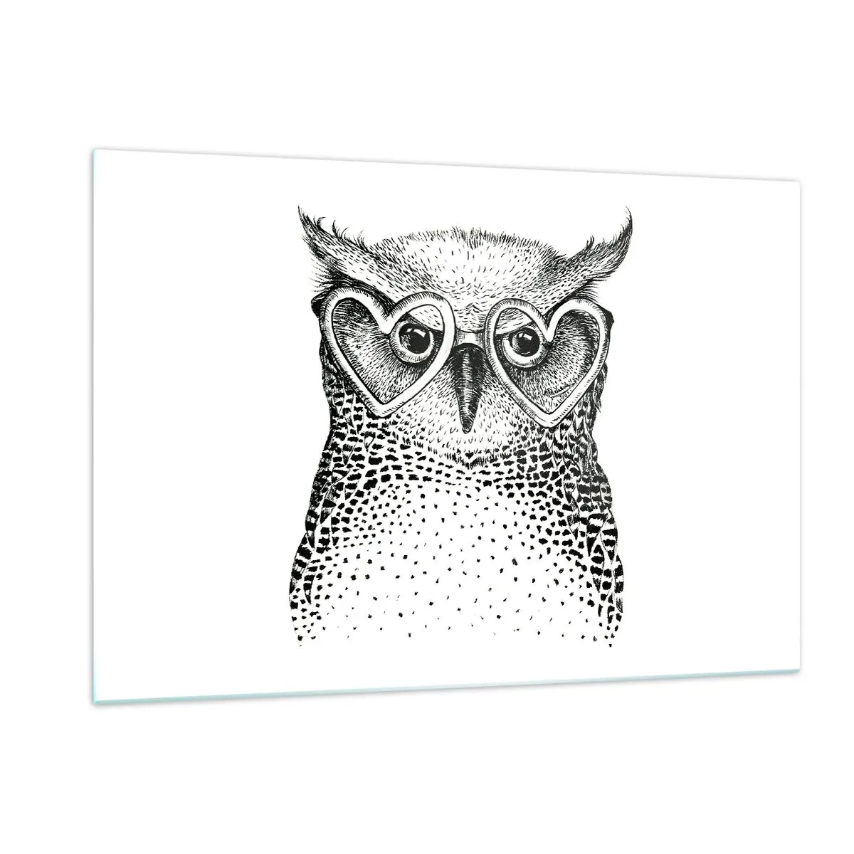 Glasbild - Bild auf glas - Abbildung einer Eule mit herzförmiger Brille - 120x80cm - Klug und mit Liebe - Moderne Wanddekoration für Wohnzimmer und Schlafzimmer ARTTOR
