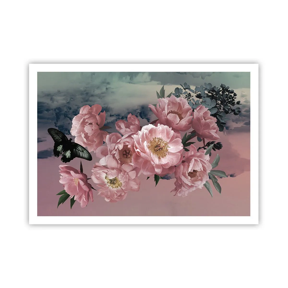 Poster - Rosa Pfingstrosen mit einem Schmetterling auf pastellfarbenem Hintergrund - 100x70cm - Der Höhepunkt der Romantik - Moderne Wanddekoration für Wohnzimmer und Schlafzimmer ARTTOR