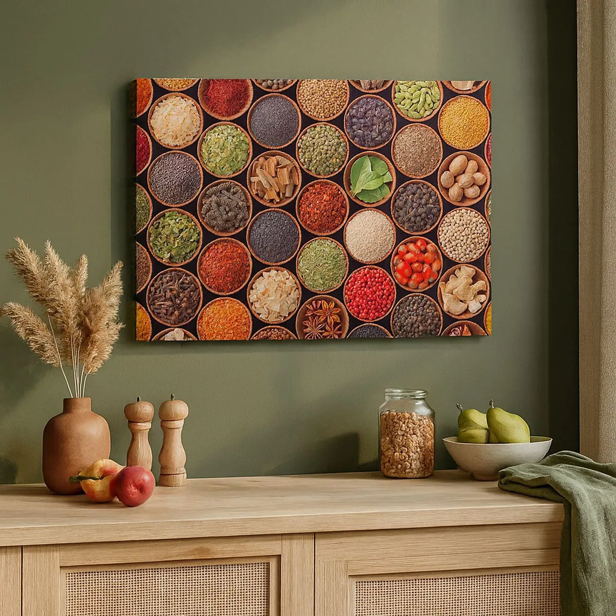 Bild auf Leinwand - Leinwandbild - Bunte Gewürze in runden Behältern - 70x50cm - Alle Aromen der Welt - Moderne Wanddekoration für Wohnzimmer und Schlafzimmer ARTTOR