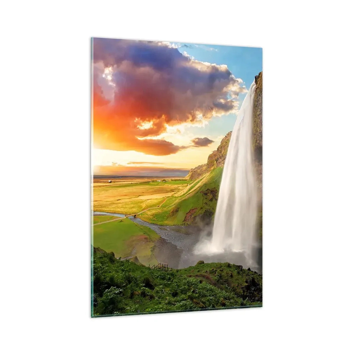 Glasbild - Bild auf glas - Ein Wasserfall in einer malerischen Landschaft bei Sonnenuntergang - 80x120cm - Die Fülle des isländischen Sommers - Moderne Wanddekoration für Wohnzimmer und Schlafzimmer ARTTOR