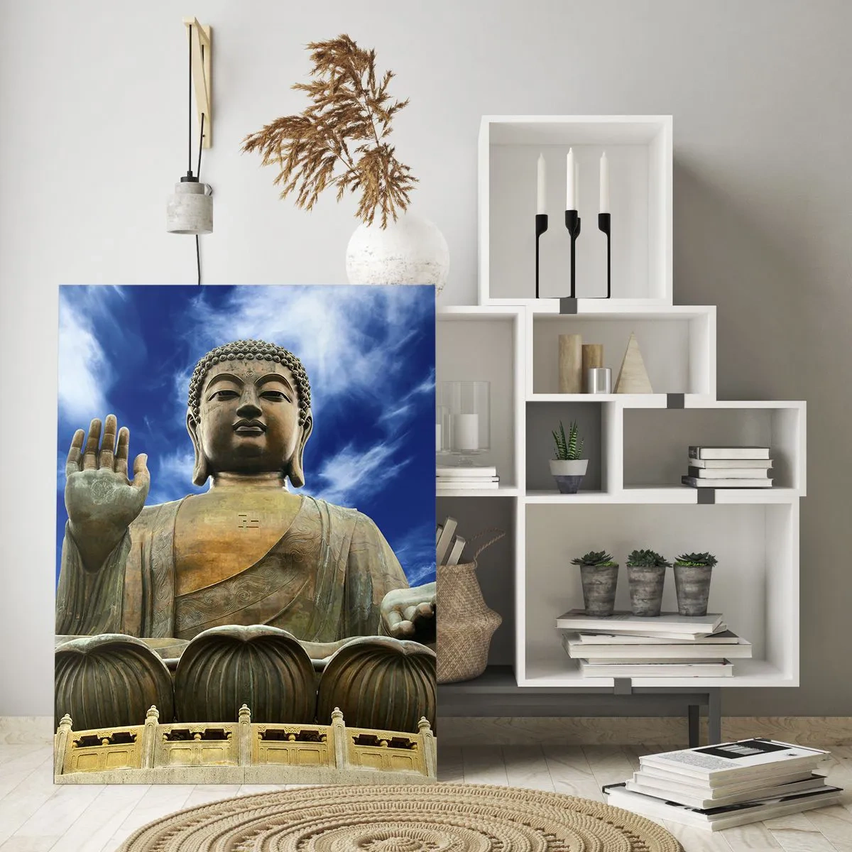 Glasbild - Bild auf glas - Eine monumentale Buddha-Statue vor einem blauen Himmel mit Wolken - 70x100cm - Leben ohne Angst - Moderne Wanddekoration für Wohnzimmer und Schlafzimmer ARTTOR