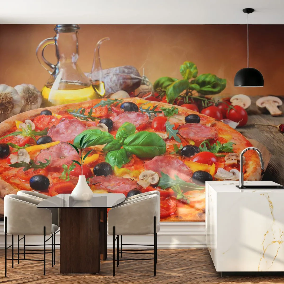 Fototapete Premium Sand - Appetitliche Pizza mit Oliven, Salami und Basilikum auf einem Holztisch - 100x70cm - Mit echtem italienischem Flair - Moderne Wanddekoration für Wohnzimmer und Schlafzimmer ARTTOR